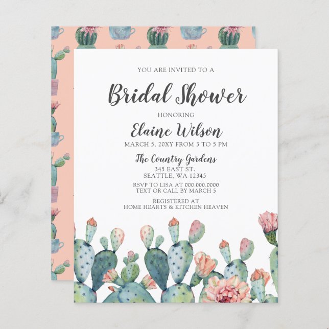 Budget Blush Cactus Bridal Shower Invitation (Voorkant / Achterkant)
