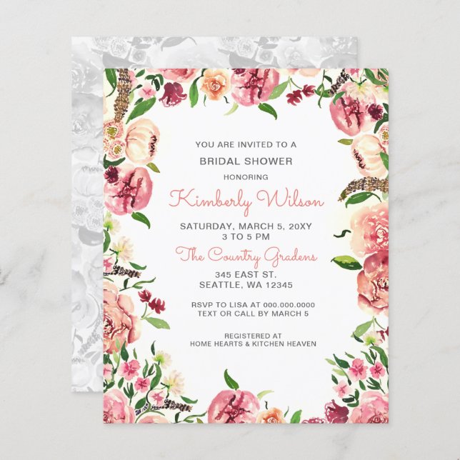 Budget Blush Coral Floral Bridal Shower (Voorkant / Achterkant)