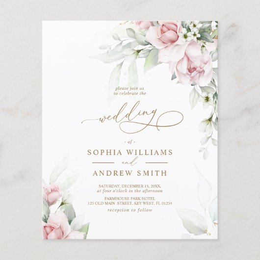 Budget Blush & Eucalyptus bruiloft uitnodiging (Voorkant)