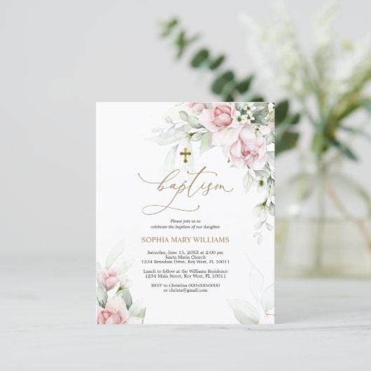 Budget Blush & Eucalyptus Doop Uitnodiging (Staand voorkant)