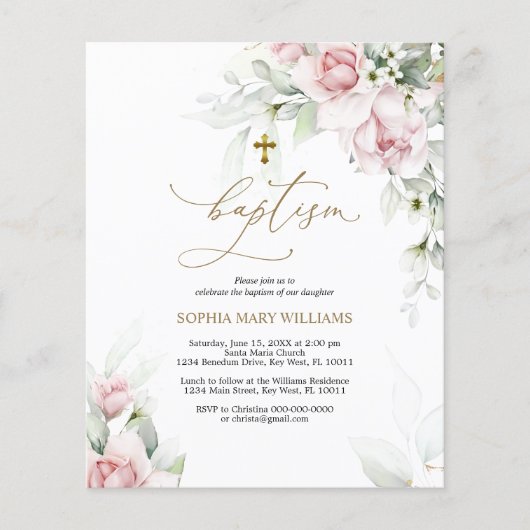 Budget Blush & Eucalyptus Doop Uitnodiging (Voorkant)