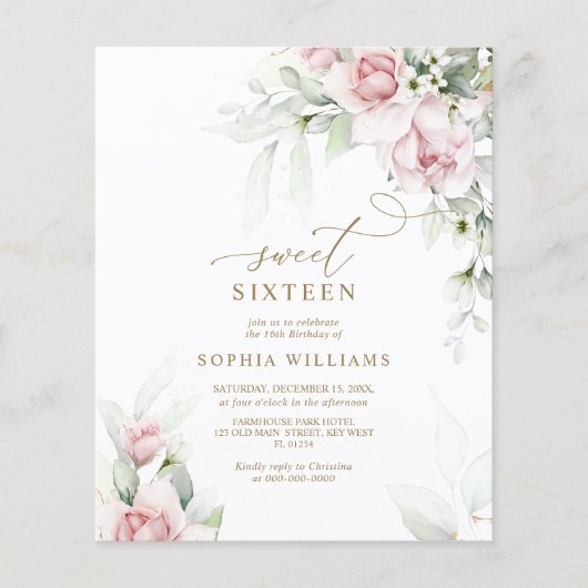 Budget Blush & Eucalyptus Sweet 16 Uitnodiging (Voorkant)