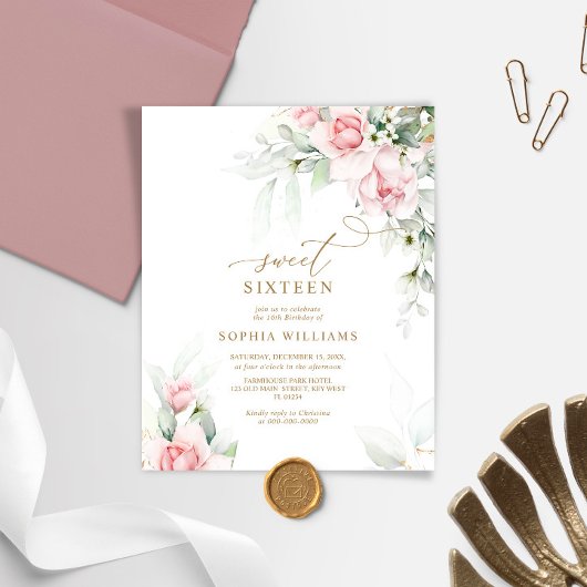 Budget Blush & Eucalyptus Sweet 16 Uitnodiging