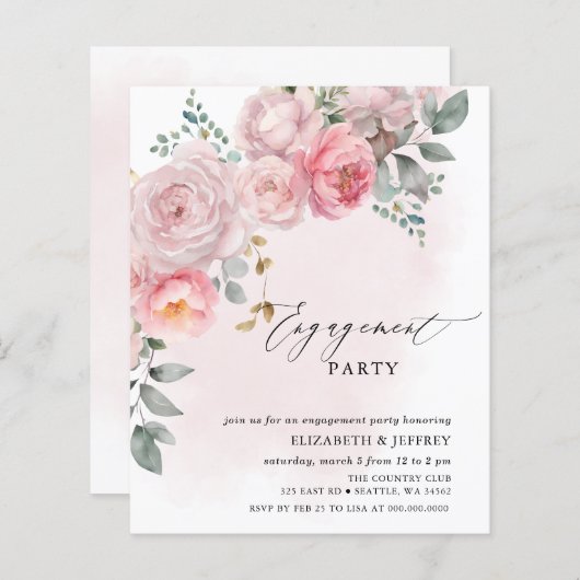 Budget Blush Floral Engagement Party Uitnodigingen (Voorkant / Achterkant)