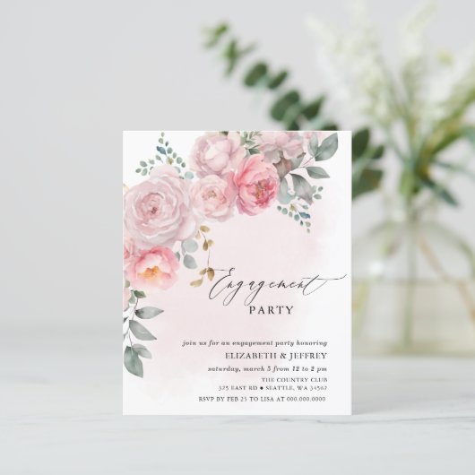 Budget Blush Floral Engagement Party Uitnodigingen (Staand voorkant)