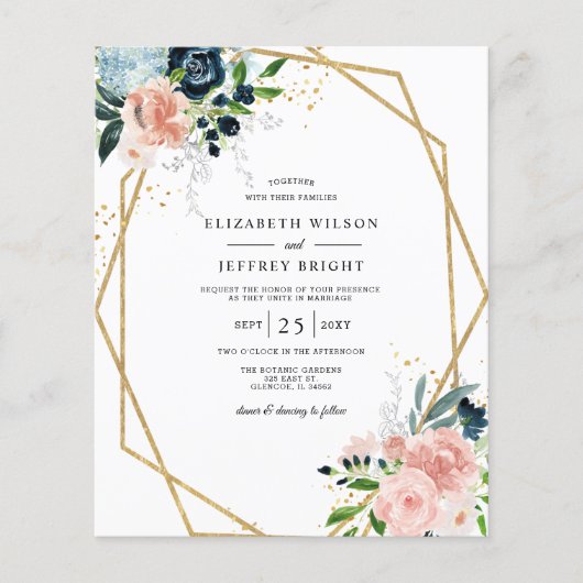 Budget Blush Floral Geometric Wedding Uitnodiging (Voorkant)