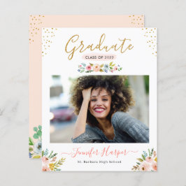 Budget Blush Floral Photo Afstuderen Aankondiging
