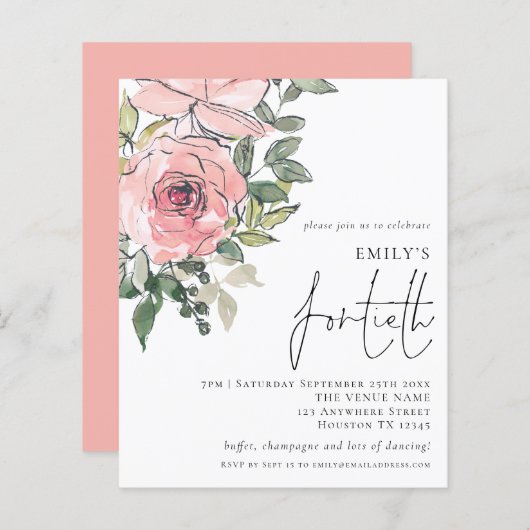 Budget Blush Florals Fortieth Birthday Invite (Voorkant / Achterkant)