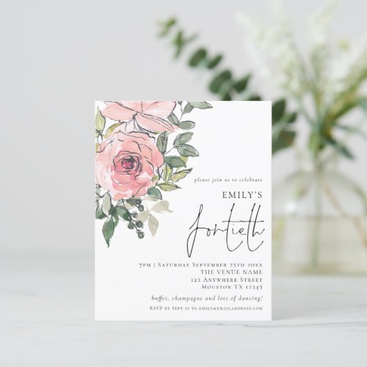 Budget Blush Florals Fortieth Birthday Invite (Staand voorkant)