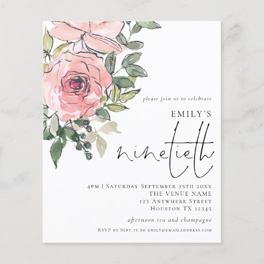 Budget Blush Florals Ninetieth Party Invitation (Voorkant)