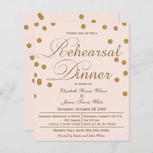 Budget Blush Glitter repetitie Dinner Invitation (Voorkant / Achterkant)