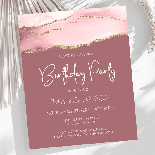 Budget Blush Gold Agate Roos Birthday Uitnodiging