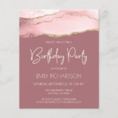 Budget Blush Gold Agate Roos Birthday Uitnodiging (Voorkant)