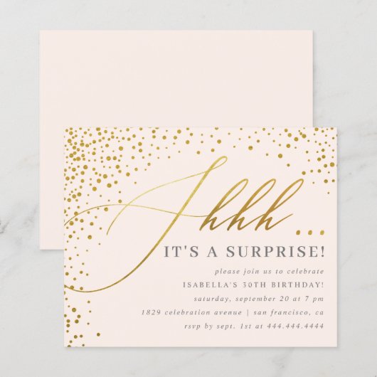 Budget Blush & Gold Confetti Script Surprise Party (Voorkant / Achterkant)
