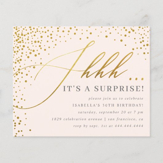 Budget Blush & Gold Confetti Script Surprise Party (Voorkant)