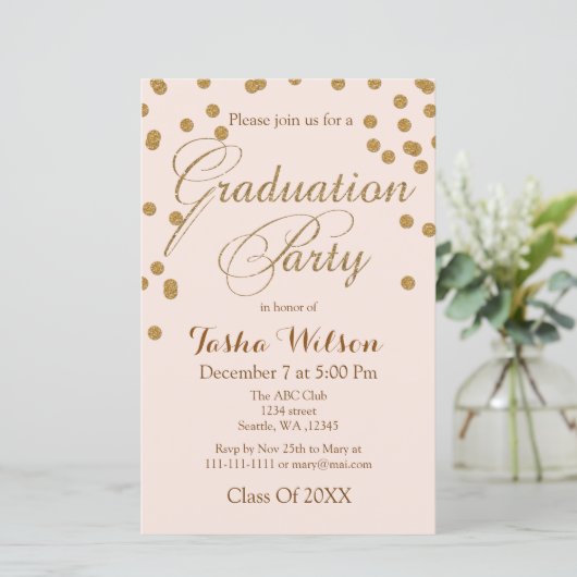 Budget Blush Gold Glitter Afstuderen Invitation (Staand voorkant)