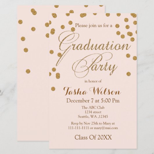 Budget Blush Gold Glitter Afstuderen Invitation (Voorkant / Achterkant)