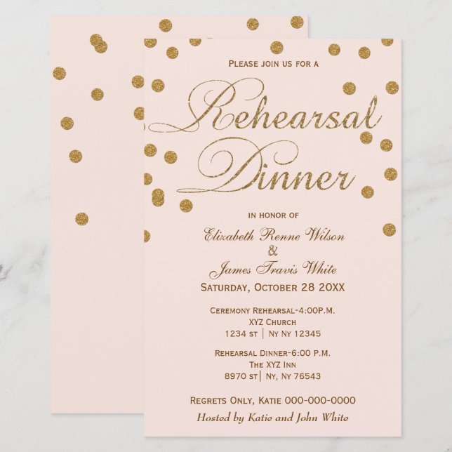 Budget Blush Gold Glitter Rehearsal Dinner Invite (Voorkant / Achterkant)
