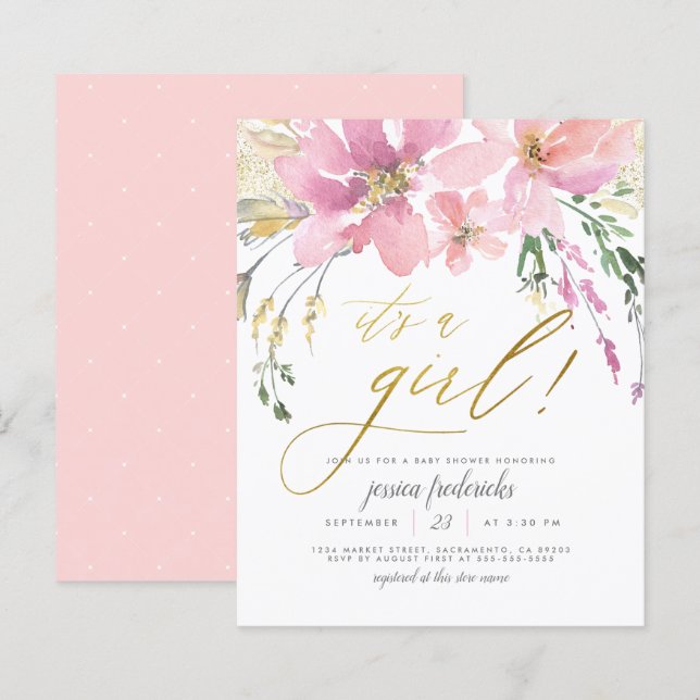 Budget Blush & Gold Het is een Girl Floral Baby sh (Voorkant / Achterkant)