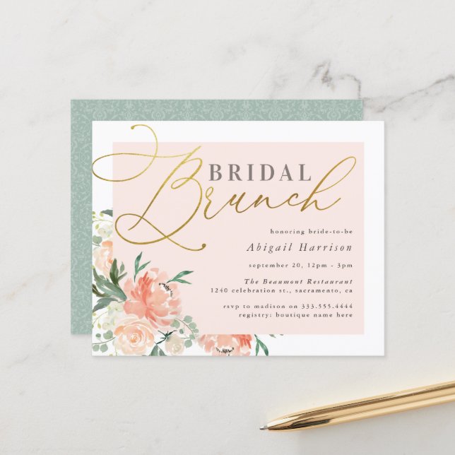 Budget Blush & Gold Script Floral Bridal Brunch (Voorkant / Achterkant in situ)