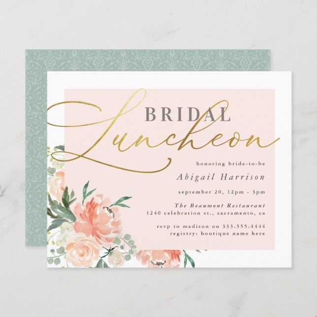 Budget Blush & Gold Script Floral Bridal Luncheon (Voorkant / Achterkant)