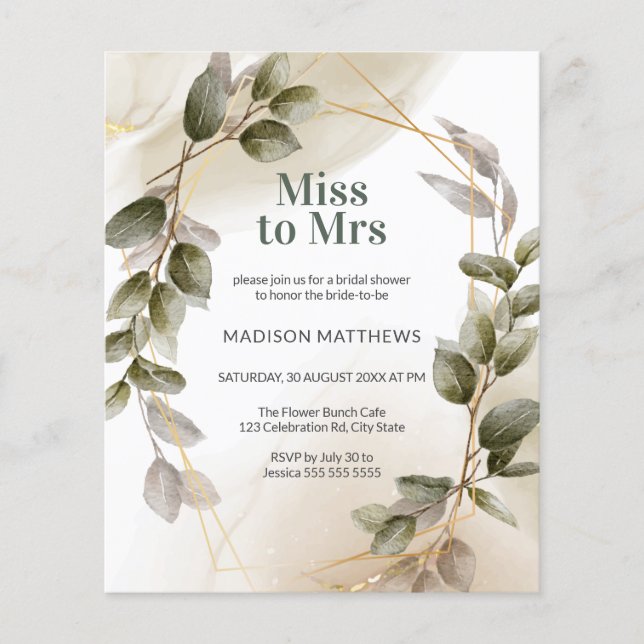 Budget Blush Green Gold Waterverf Vrijgezellenfees (Voorkant)