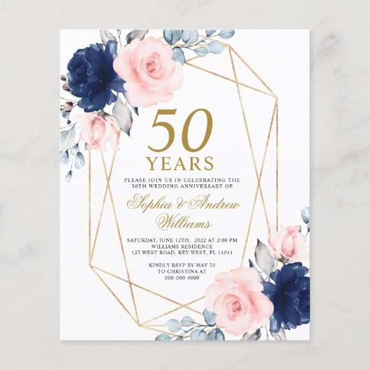 Budget Blush & Navy bruiloft Jubileum Uitnodigen (Voorkant)