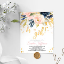 Budget Blush, Navy & Gold Baby shower Invitation