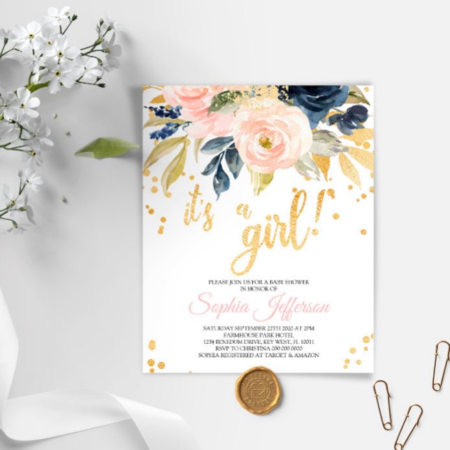 Budget Blush, Navy & Gold Baby shower Invitation (Creator heeft geüpload)
