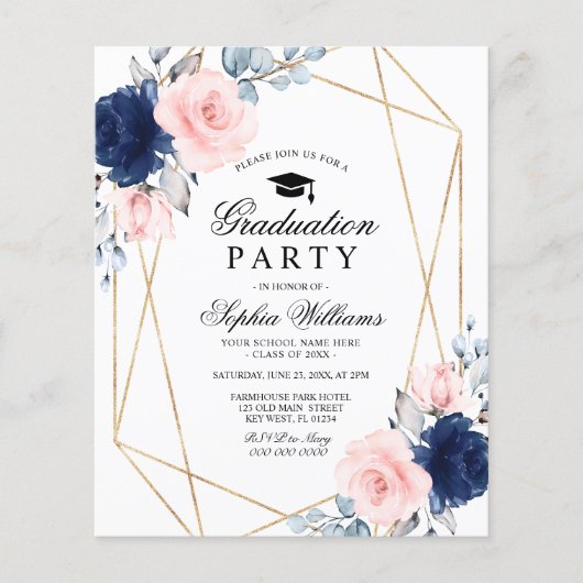 Budget Blush & Navy Graduation Party Uitnodiging (Voorkant)