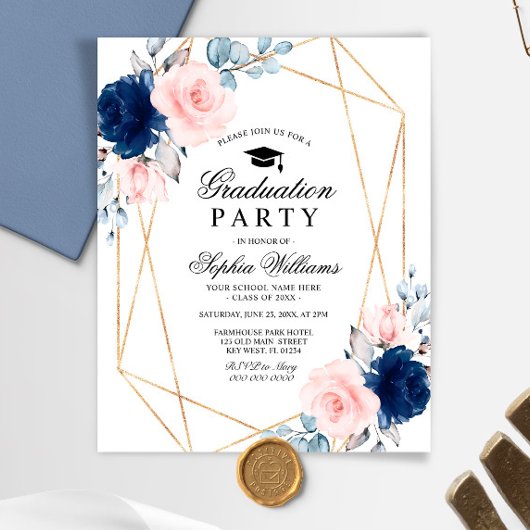 Budget Blush & Navy Graduation Party Uitnodiging