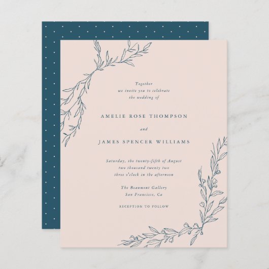 Budget Blush & Navy Hand-draw Botanical Wedding (Voorkant / Achterkant)