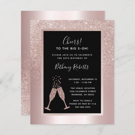 Budget Blush Ombre 50th Birthday Party Uitnodiging (Voorkant / Achterkant)