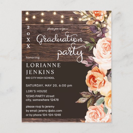 Budget Blush & Peach Floral Rustic Afstudeerder Fo (Voorkant)
