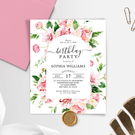 Budget Blush Peonies Birthday Party Invitation