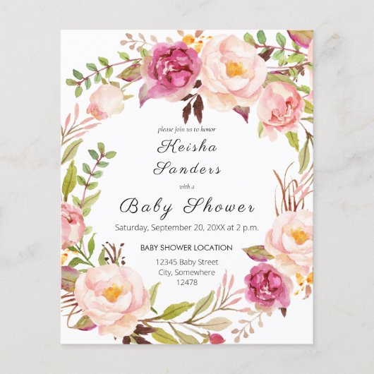 Budget Blush Pink Bloom Floral Baby shower Flyer (Voorkant)