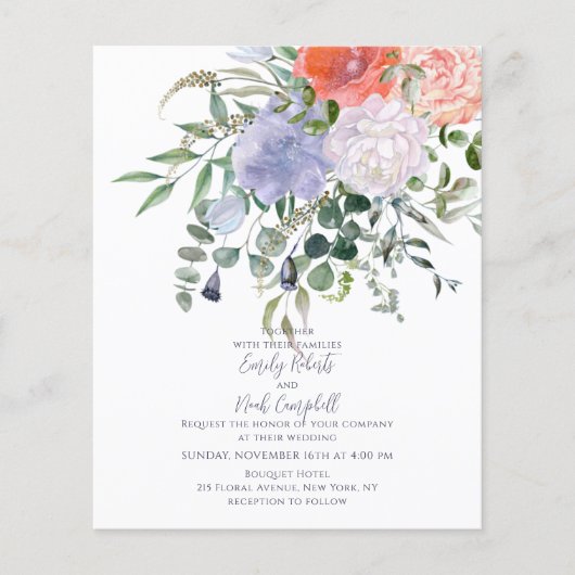 Budget Blush Pink & Blue Waterverf Floral Wedding (Voorkant)