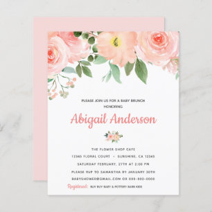 Budget Blush Pink Floral Baby Brunch Uitnodiging