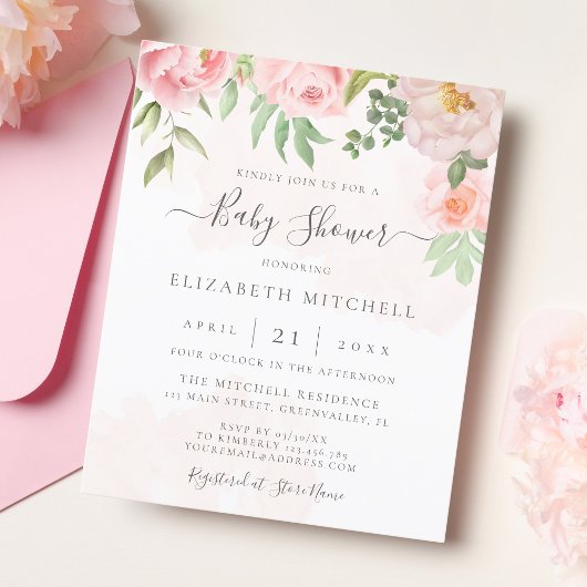 Budget Blush Pink Floral Baby shower Uitnodiging