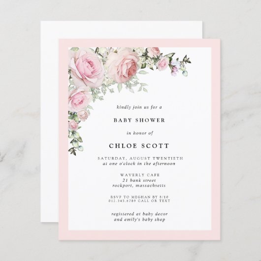 Budget Blush Pink Floral Baby shower Uitnodiging (Voorkant / Achterkant)