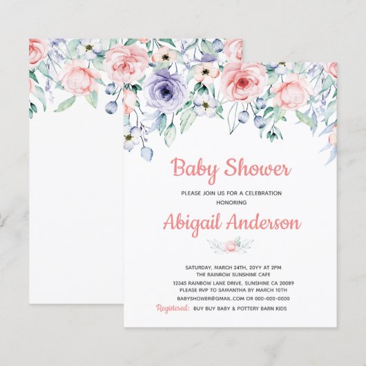 Budget Blush Pink Floral Baby shower Uitnodiging (Voorkant / Achterkant)