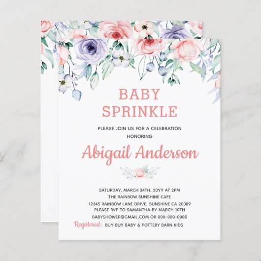 Budget Blush Pink Floral Baby Sprinkle Uitnodiging (Voorkant / Achterkant)