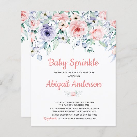 Budget Blush Pink Floral Baby Sprinkle Uitnodiging (Voorkant / Achterkant)