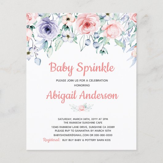 Budget Blush Pink Floral Baby Sprinkle Uitnodiging (Voorkant)