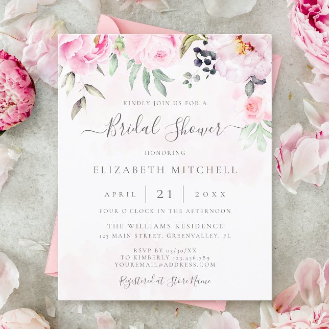 Budget Blush Pink Floral Bridal Shower Invitation (Creator heeft geüpload)