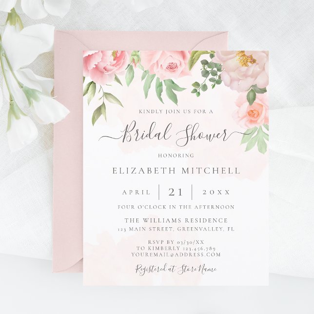 Budget Blush Pink Floral Bridal Shower Invitation (Creator heeft geüpload)