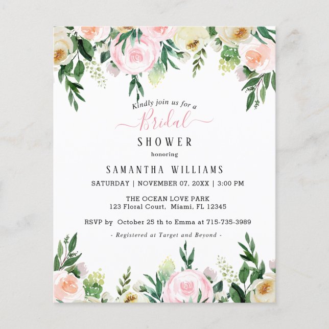 Budget Blush Pink Floral Bridal Shower Invitation (Voorkant)