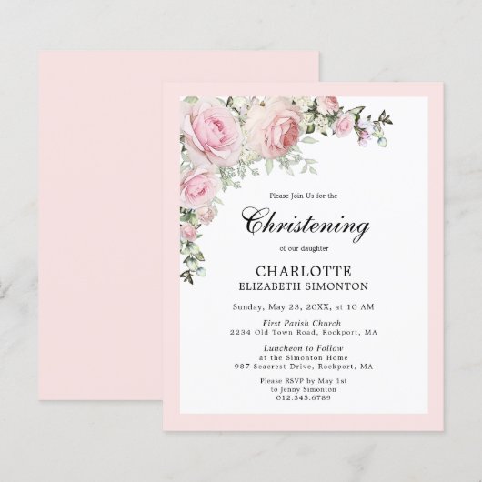 Budget Blush Pink Floral Christening Uitnodiging (Voorkant / Achterkant)
