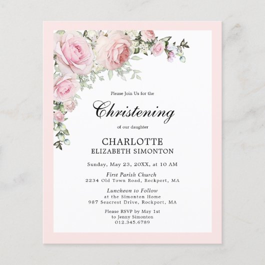 Budget Blush Pink Floral Christening Uitnodiging (Voorkant)