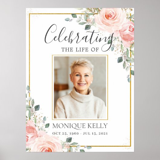 Budget Blush Pink Floral Foto Funeral Memorial Poster (Voorkant)